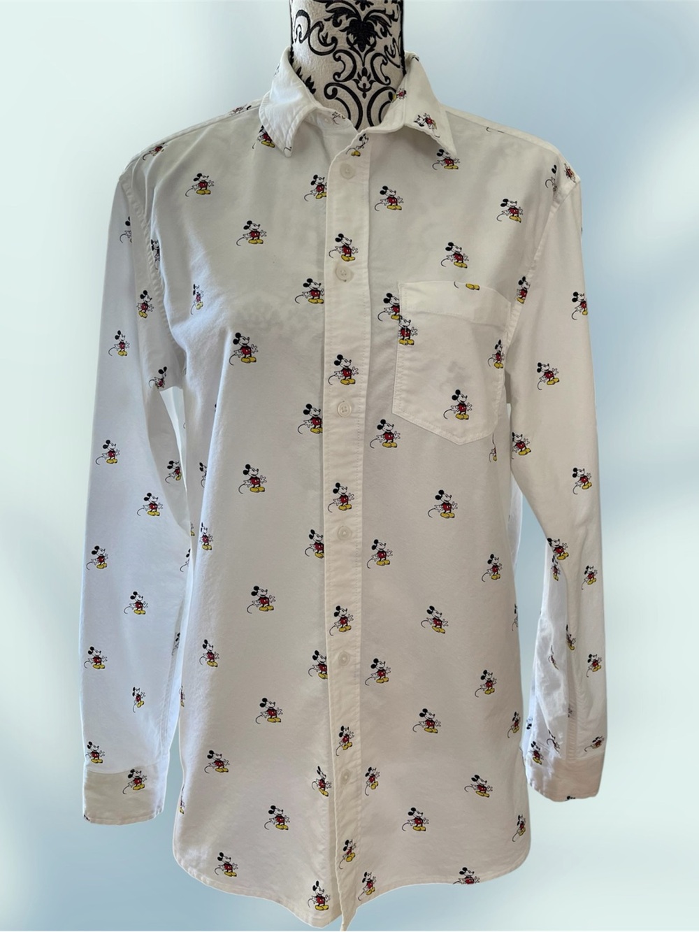 White Mickey Mouse Print Button-Down Shirt